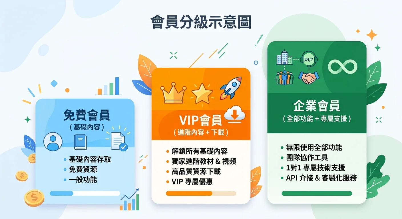 會員分級示意圖，三個層級由低到高：免費會員（基礎內容）、VIP會員（進階內容+下載）、企業會員（全部功能+專屬支援），每層用不同顏色區分