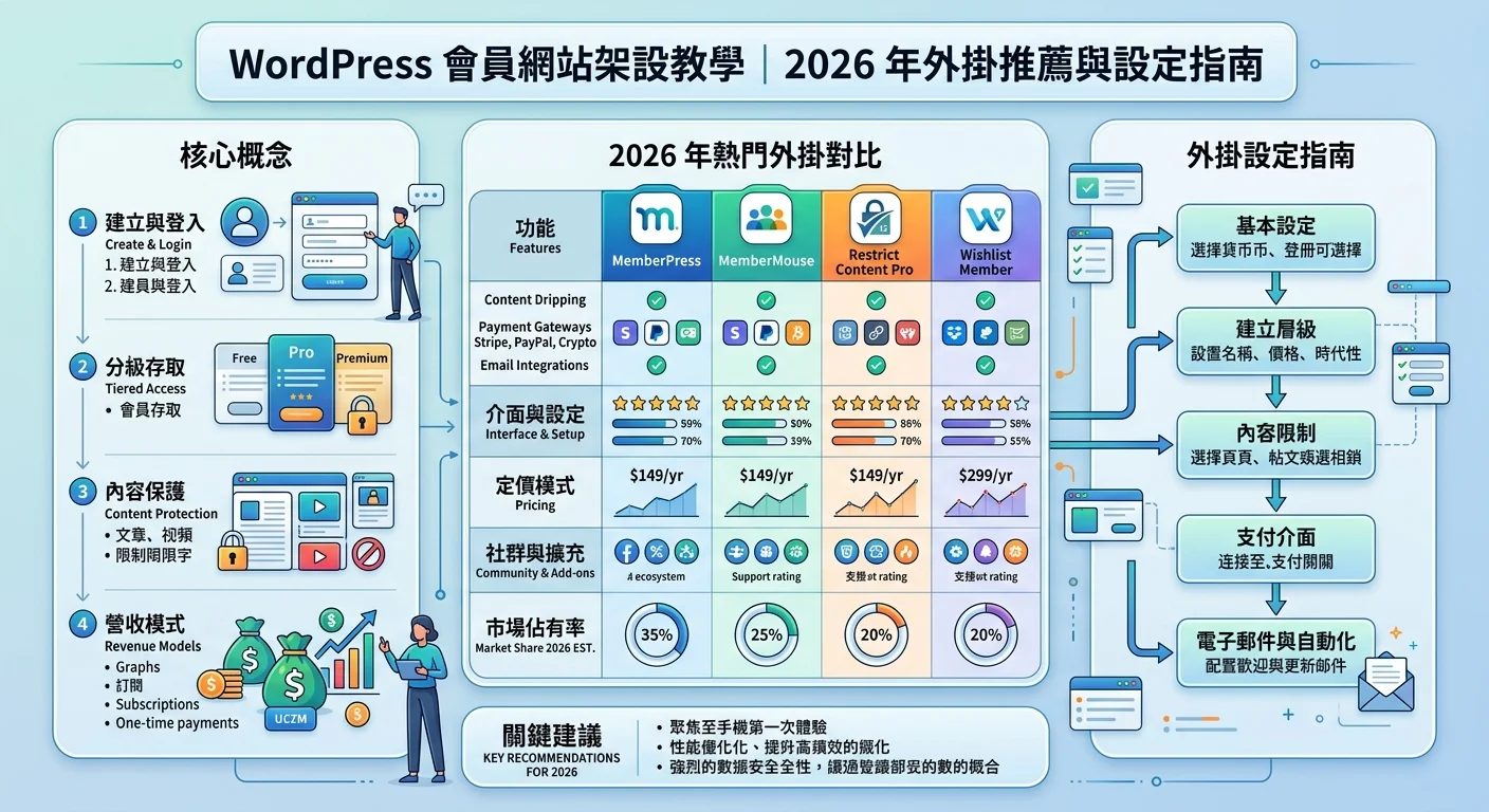 WordPress 會員網站架設教學｜2026 年外掛推薦與設定指南相關的視覺化資訊圖，展示核心概念與數據對比