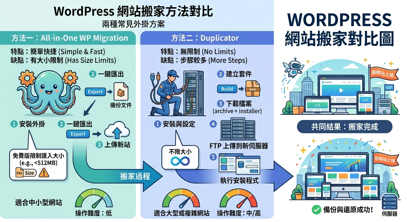 兩種搬家方法並排比較圖，左側 All-in-One WP Migration（簡單但有大小限制），右側 Duplicator（無限制但步驟多），中間箭頭指向共同結果：搬家完成