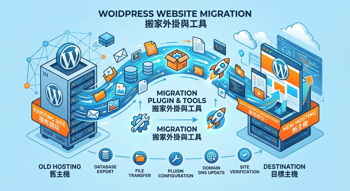 WordPress 網站搬家概念圖，一個網站從舊主機飛向新主機的動態畫面，中間有搬家外掛和工具的圖示，配色使用藍色和橙色