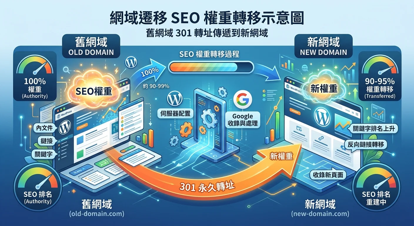 WordPress 搬家前後的 SEO 權重轉移示意圖，舊網域透過 301 轉址將權重傳遞到新網域，以箭頭和百分比標示