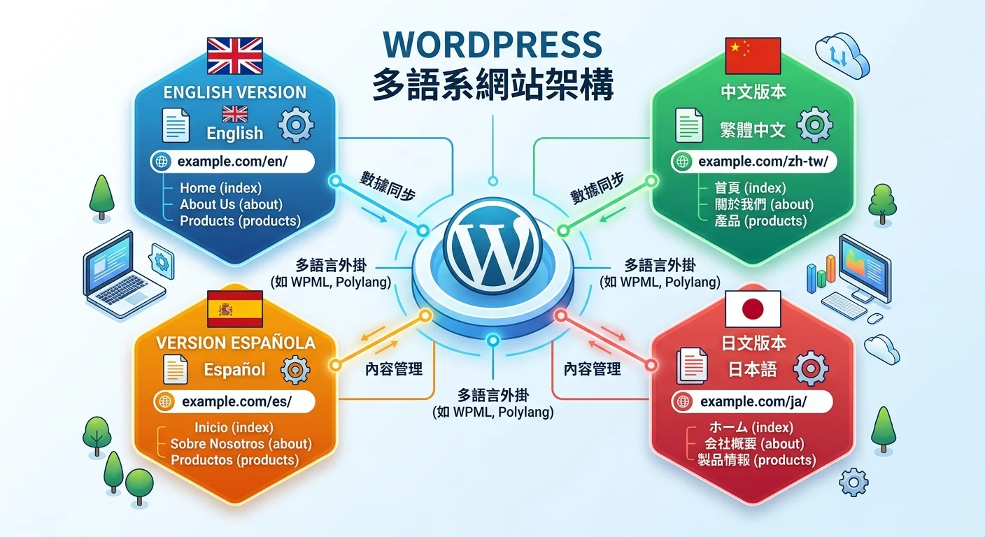 多語系網站架構圖，中央為WordPress標誌，四周環繞不同語言版本（中文、英文、日文、西班牙文），每個語言有獨立的URL結構示意