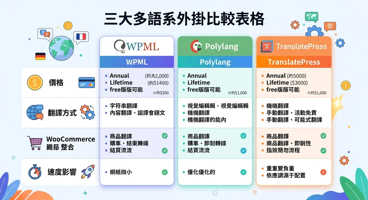 三大多語系外掛比較表格圖，三欄分別為 WPML、Polylang、TranslatePress，比較價格、翻譯方式、WooCommerce 整合、速度影響四個維度