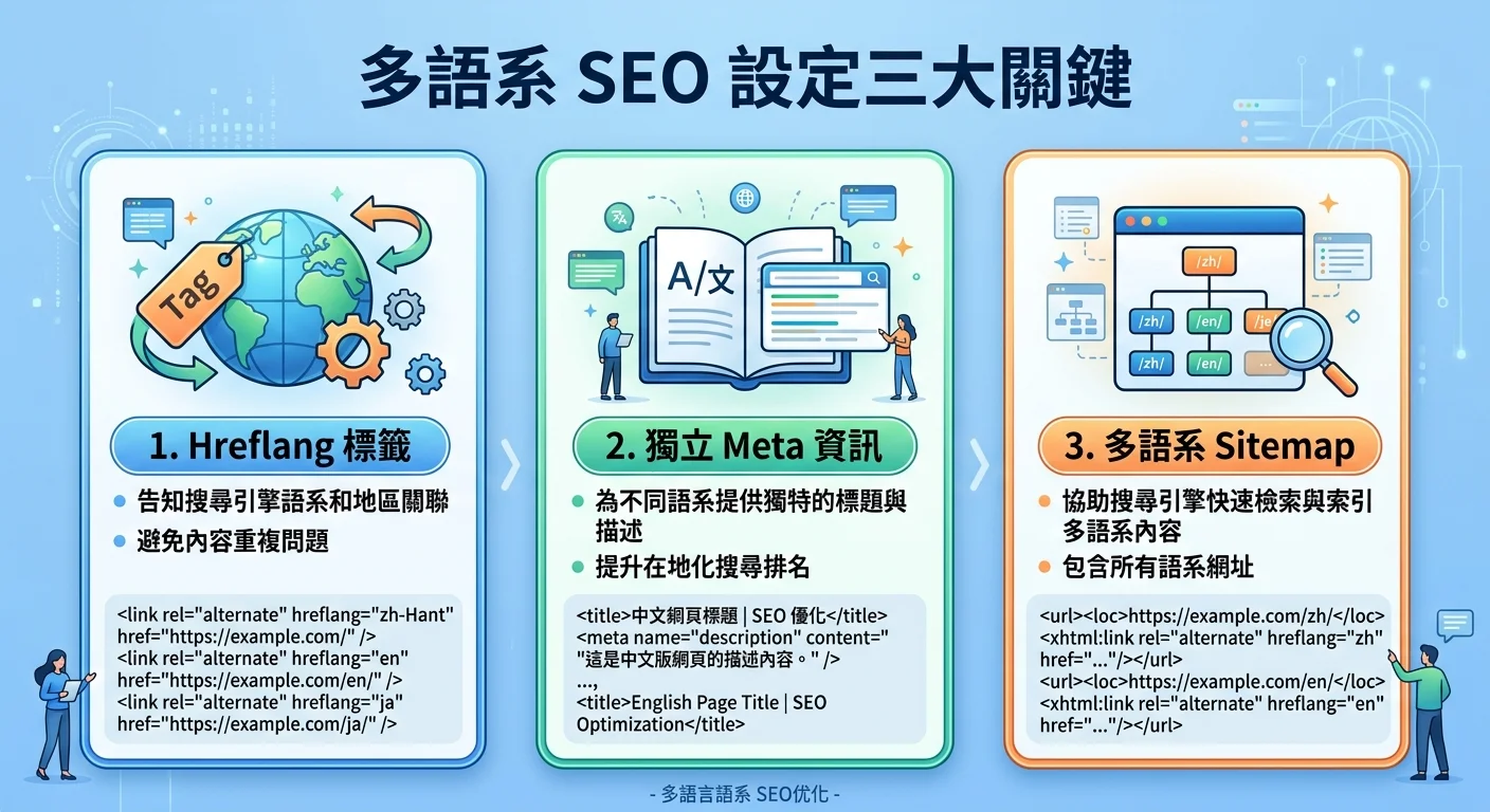多語系 SEO 設定三大關鍵圖，三個卡片分別為 hreflang 標籤、獨立 Meta 資訊、多語系 Sitemap，每個卡片有簡易程式碼示意和說明