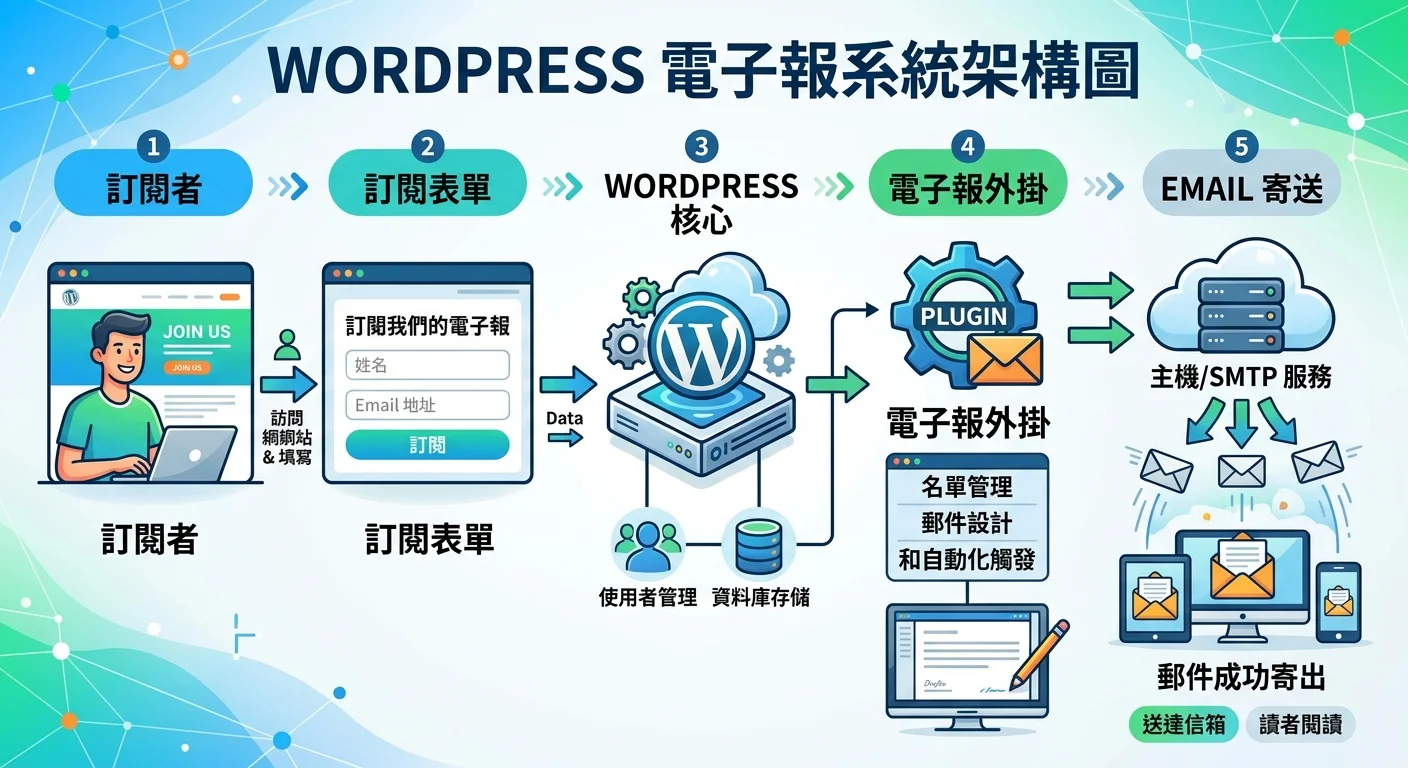 WordPress電子報系統架構圖，從訂閱者→訂閱表單→WordPress→電子報外掛→Email寄送，展示完整流程