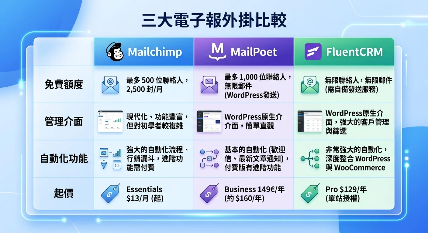 三大電子報外掛比較表格圖，三欄分別為 Mailchimp、MailPoet、FluentCRM，比較免費額度、管理介面、自動化功能、起價
