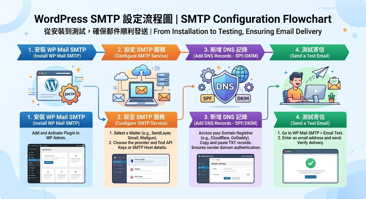 SMTP 設定流程圖，從 WordPress 安裝 WP Mail SMTP → 設定 SMTP 服務 → DNS 加 SPF/DKIM → 測試寄信，每步驟有簡易圖示
