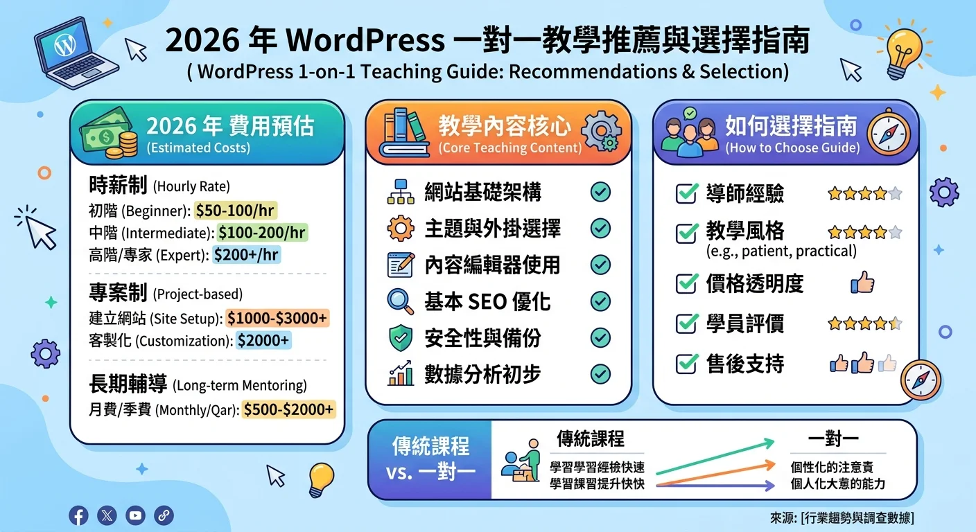 WordPress 一對一教學推薦｜2026 年費用、內容與選擇指南相關的視覺化資訊圖，展示核心概念與數據對比