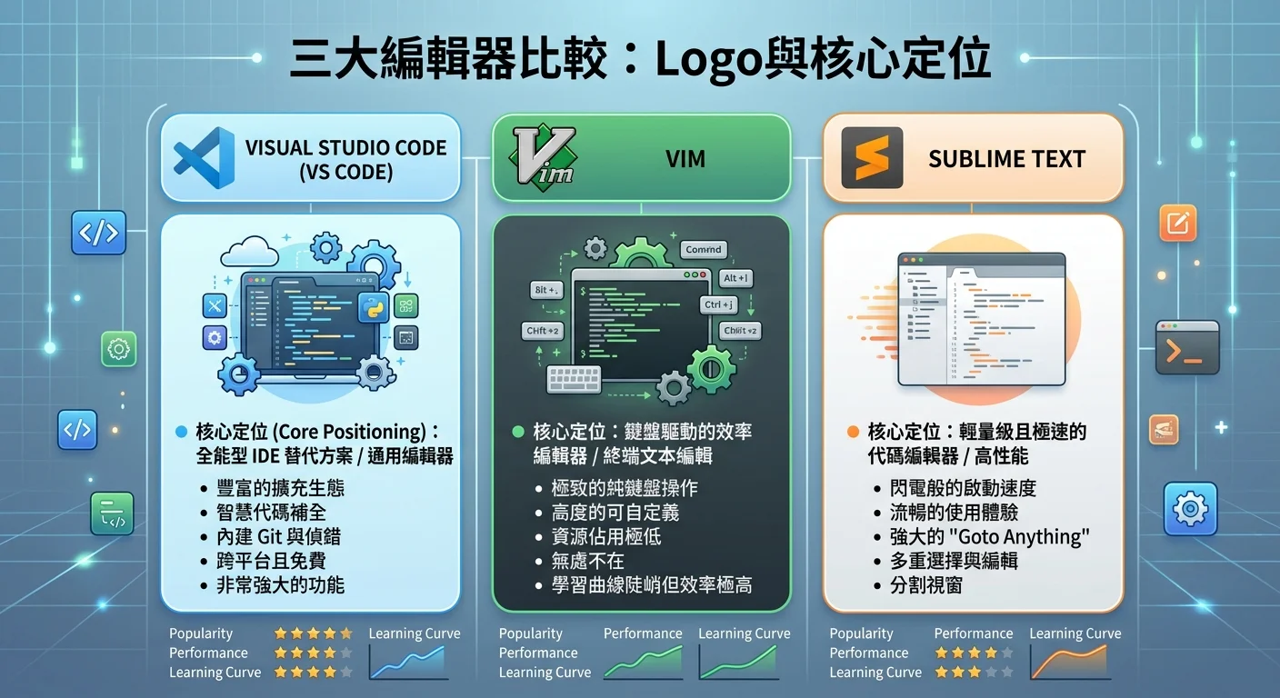 三大編輯器的 Logo 和核心定位比較圖