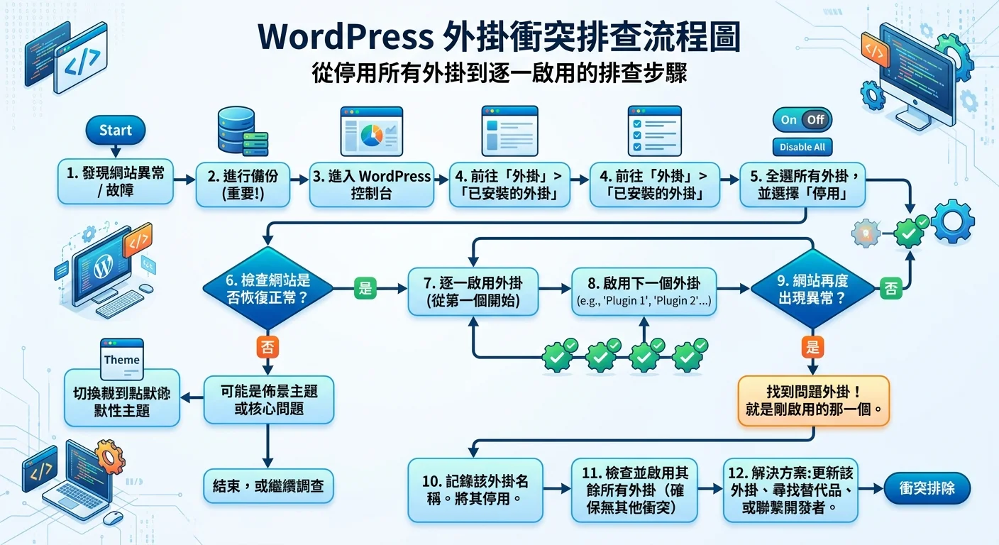 WordPress 外掛衝突排查流程圖，從停用所有外掛到逐一啟用的排查步驟