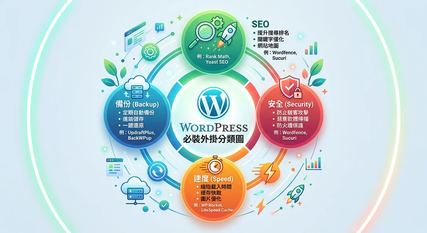WordPress 必裝外掛分類圖，以圓形分類展示 SEO、安全、速度、備份等類別