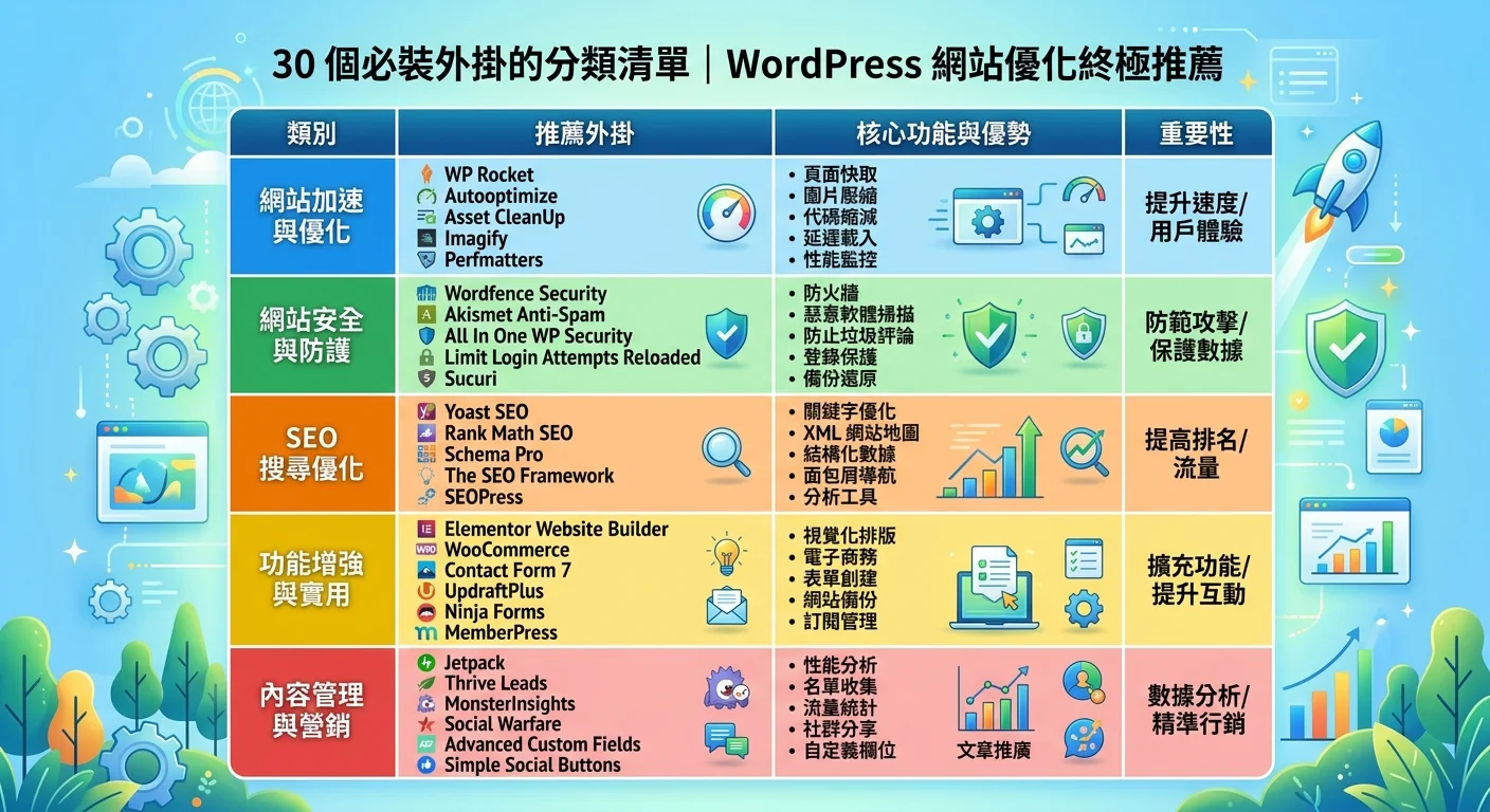 30 個必裝外掛的分類清單圖，以表格形式列出各類別推薦的外掛
