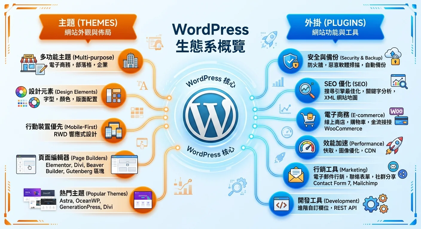 WordPress 外掛與主題生態系概覽圖，中央為 WordPress logo，左側為主題（外觀設計），右側為外掛（功能擴充），配色使用藍色和橙色