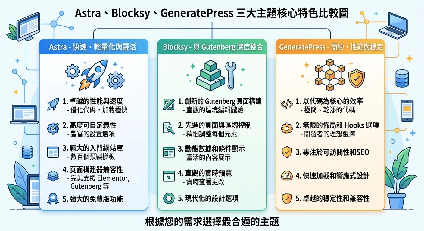 Astra、Blocksy、GeneratePress 三大主題的核心特色比較圖，以三欄設計展示各自的優勢