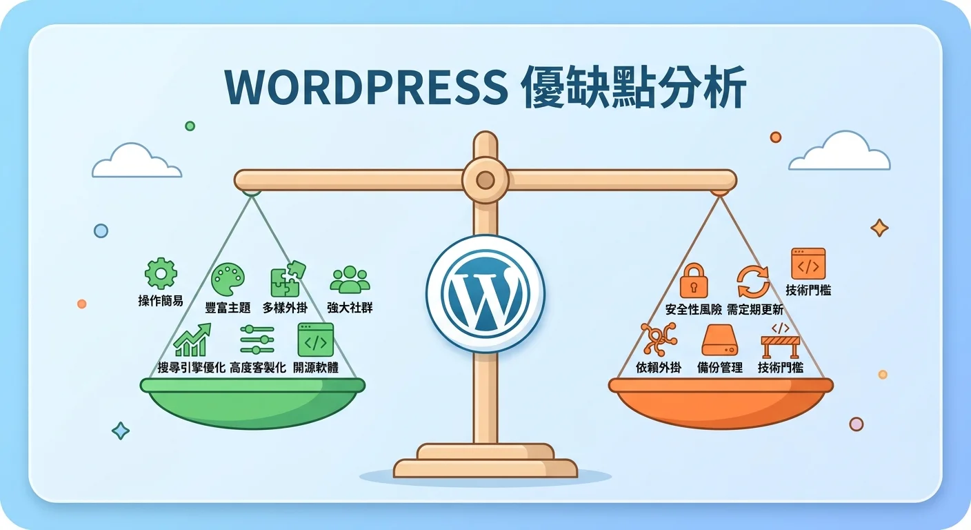天平圖示，左邊是綠色的優點（7個），右邊是橘色的缺點（5個），中間是 WordPress Logo