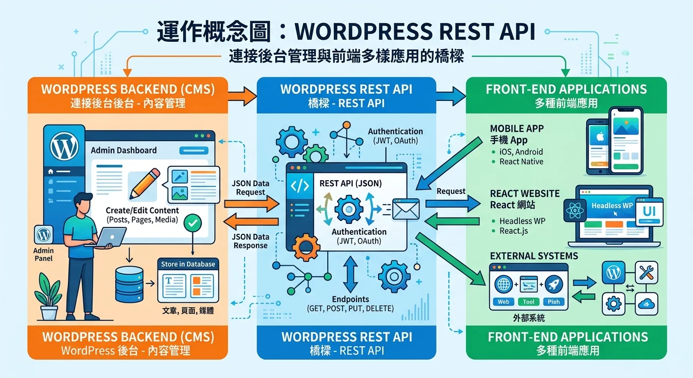 WordPress REST API 運作概念圖，左側為 WordPress 後台（內容管理），中間為 REST API（橋樑），右側為多種前端應用（手機App、React網站、外部系統），以箭頭連接