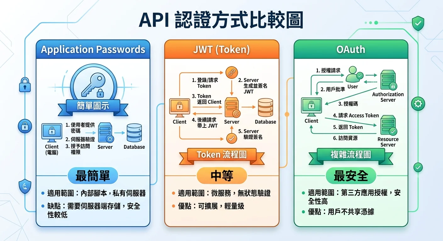 API認證方式比較圖，三種方式並排：Application Passwords（簡單圖示+「最簡單」標籤）、JWT（Token流程圖+「中等」標籤）、OAuth（複雜流程圖+「最安全」標籤）