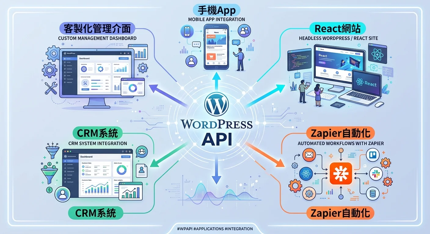 WordPress API 應用場景展示圖，中央為WordPress API標誌，五條線分別連接：手機App、React網站、Zapier自動化、CRM系統、客製化管理介面