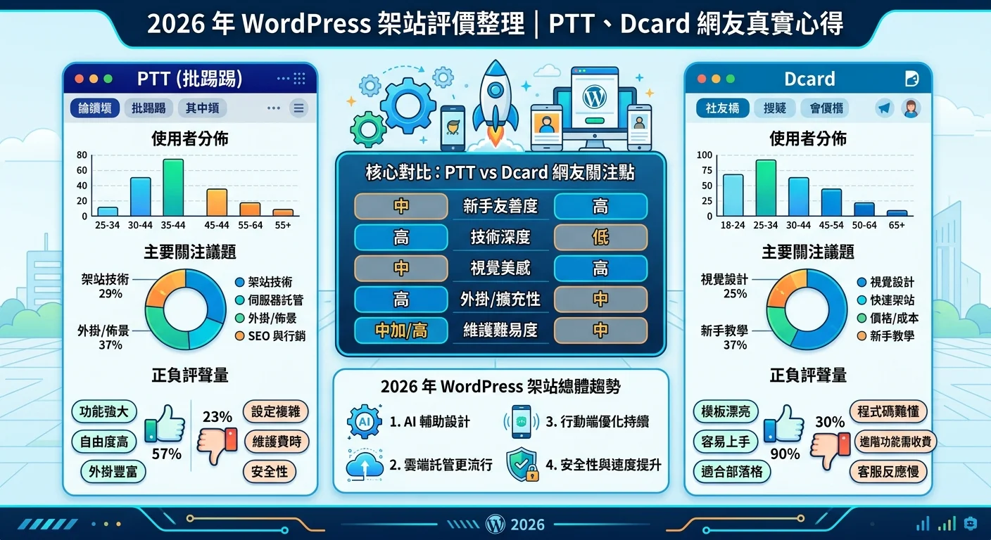 WordPress 架站評價整理｜2026 年 PTT、Dcard 網友真實心得相關的視覺化資訊圖，展示核心概念與數據對比