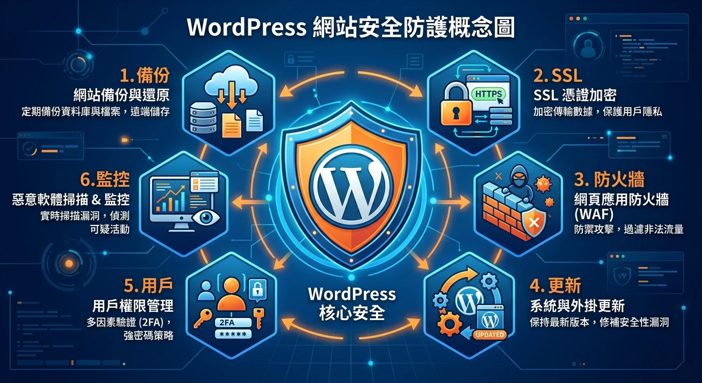 WordPress 網站安全防護概念圖，中央為一個 WordPress 圖示被盾牌包圍，周圍分布備份、SSL、防火牆、更新等安全元素圖示，配色使用深藍與橙色