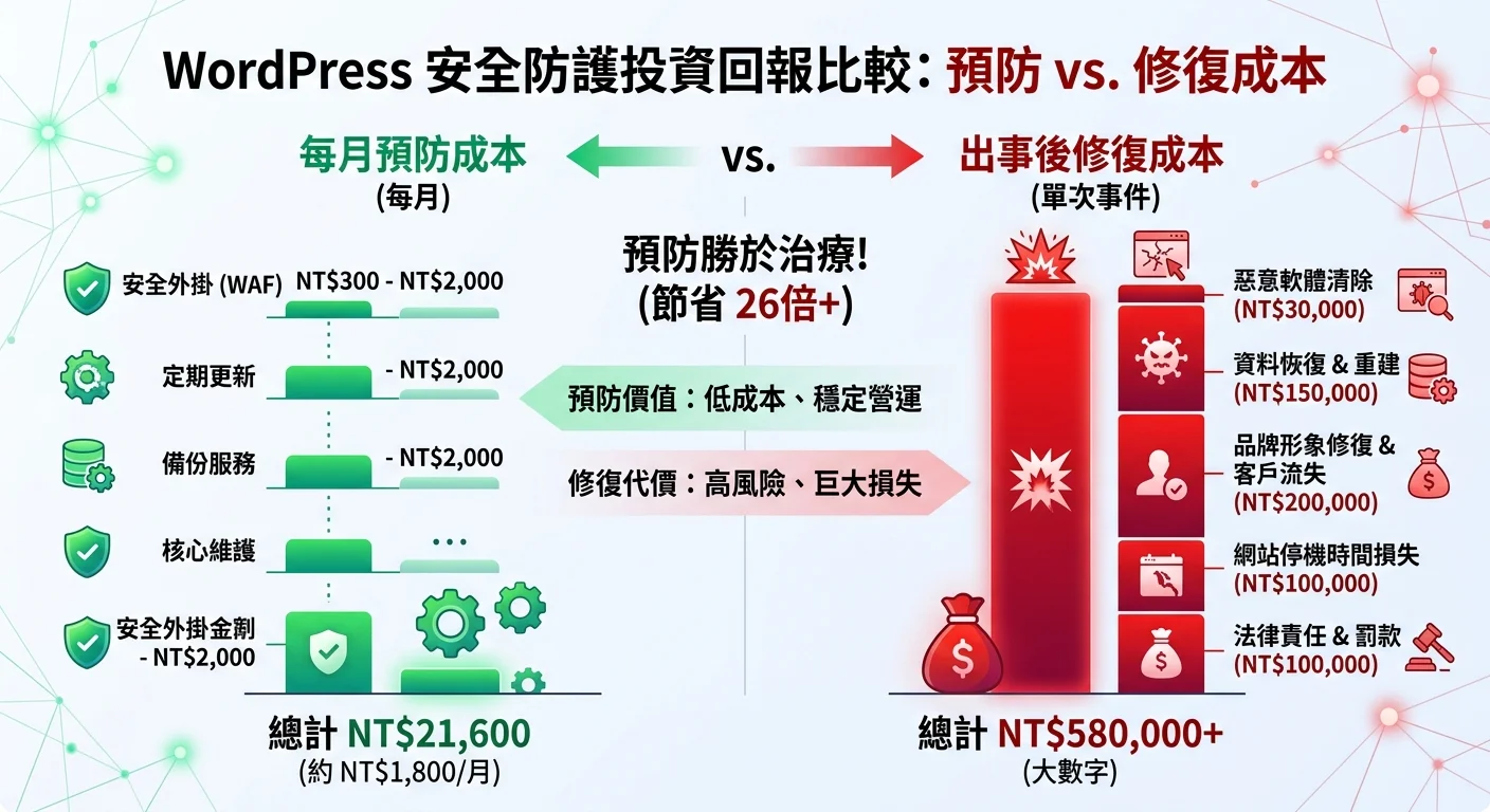 WordPress 安全防護投資回報比較圖表，左側為每月預防成本（小數字），右側為出事後修復成本（大數字），以長條圖對比呈現，強調預防的價值