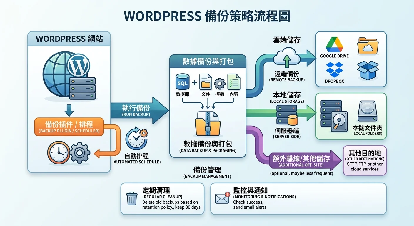 WordPress 備份策略流程圖，顯示自動備份排程從網站到雲端儲存（Google Drive、Dropbox）和本地儲存的流程，箭頭連接各節點