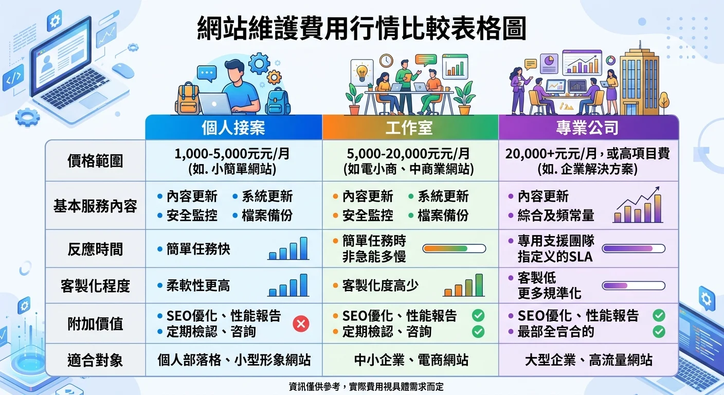 網站維護費用行情比較表格圖，列出個人接案、工作室、專業公司三種方案的價格範圍和服務內容差異，表格設計清晰易讀