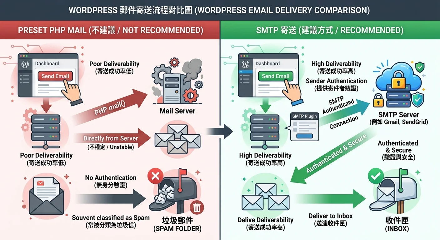 WordPress 郵件寄送流程對比圖，左側為預設 PHP mail（標示紅色 X 和垃圾信圖示），右側為 SMTP 寄送（標示綠色勾和收件匣圖示），清楚對比兩種方式的差異