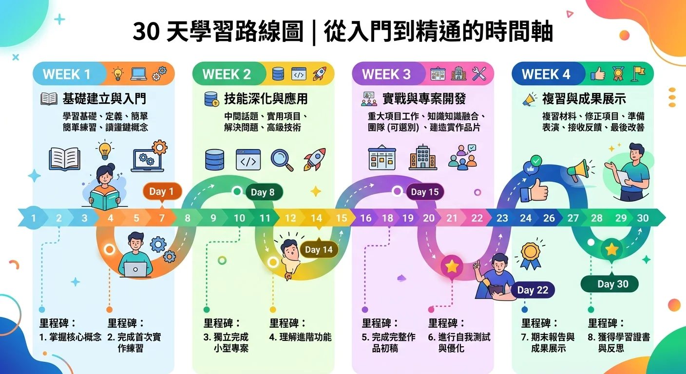 30 天學習路線圖的時間軸圖示，分成四週，每週標示學習主題和里程碑