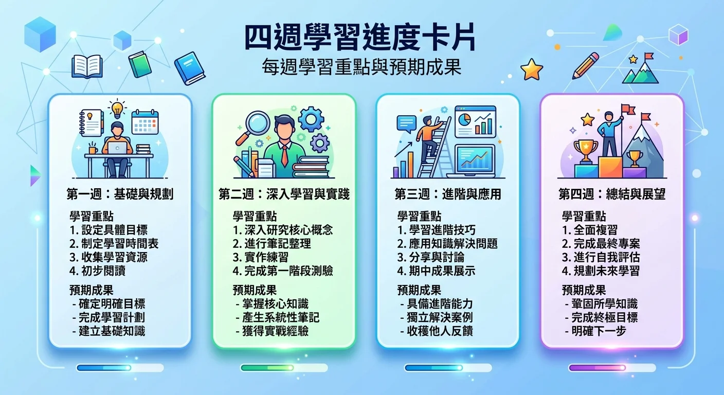 四週學習進度卡片，每張卡片列出該週的學習重點和預期成果