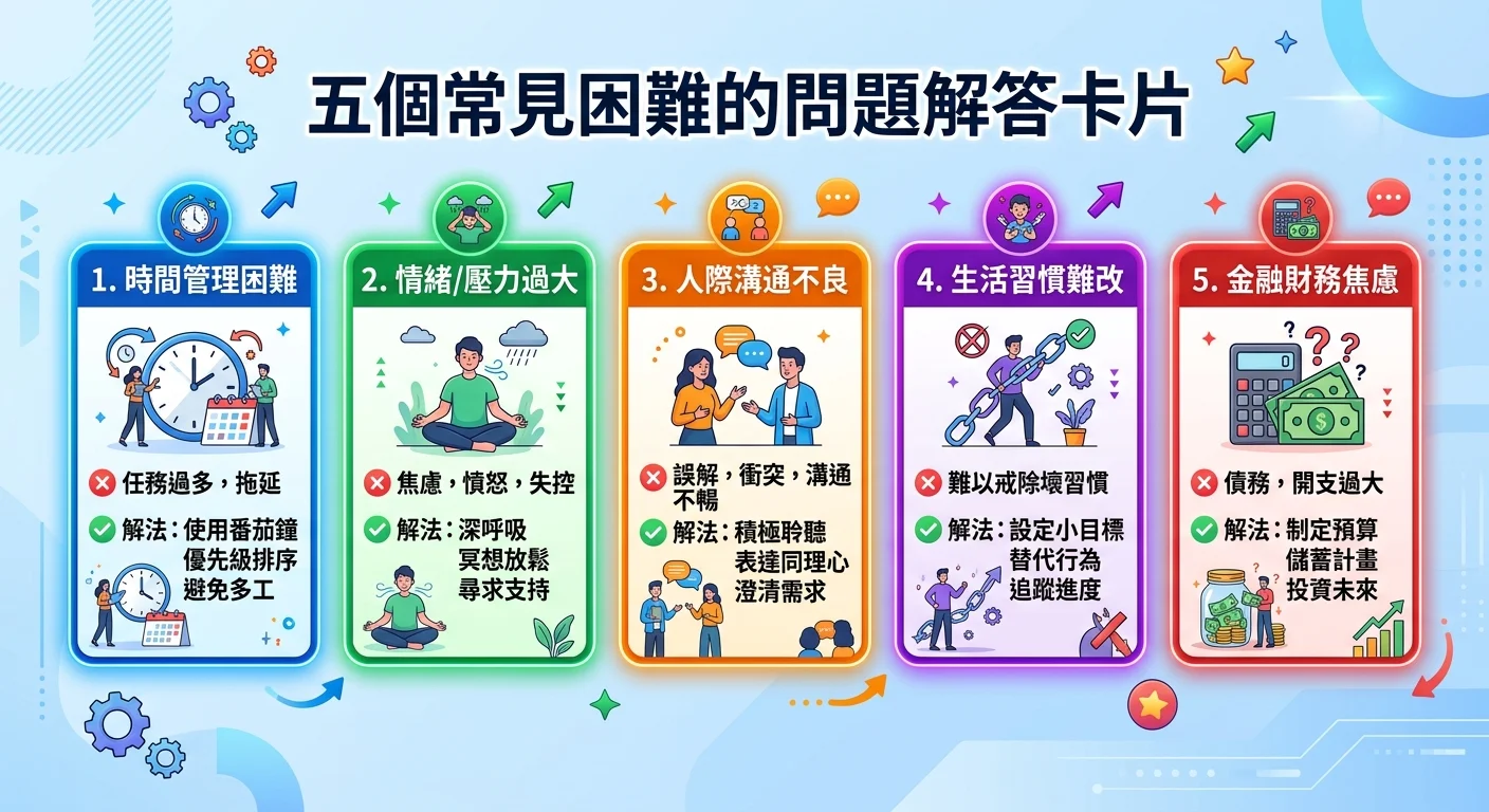 五個常見困難的問題解答卡片，每張列出問題和簡短解法