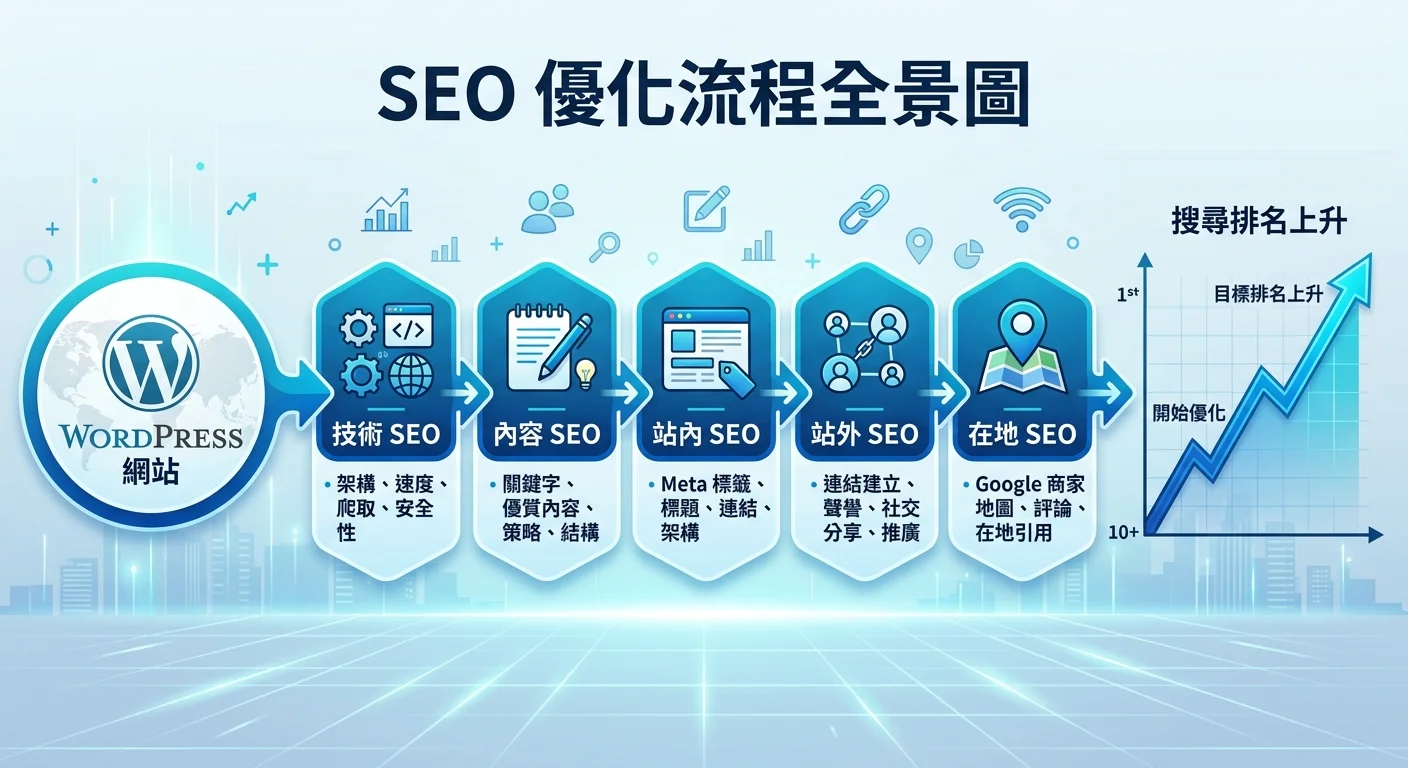 SEO 優化流程全景圖，左側為 WordPress 網站圖示，中間以箭頭串連五大核心面向（技術SEO、內容SEO、站內SEO、站外SEO、在地SEO），右側顯示搜尋排名上升的折線圖，配色使用藍色系
