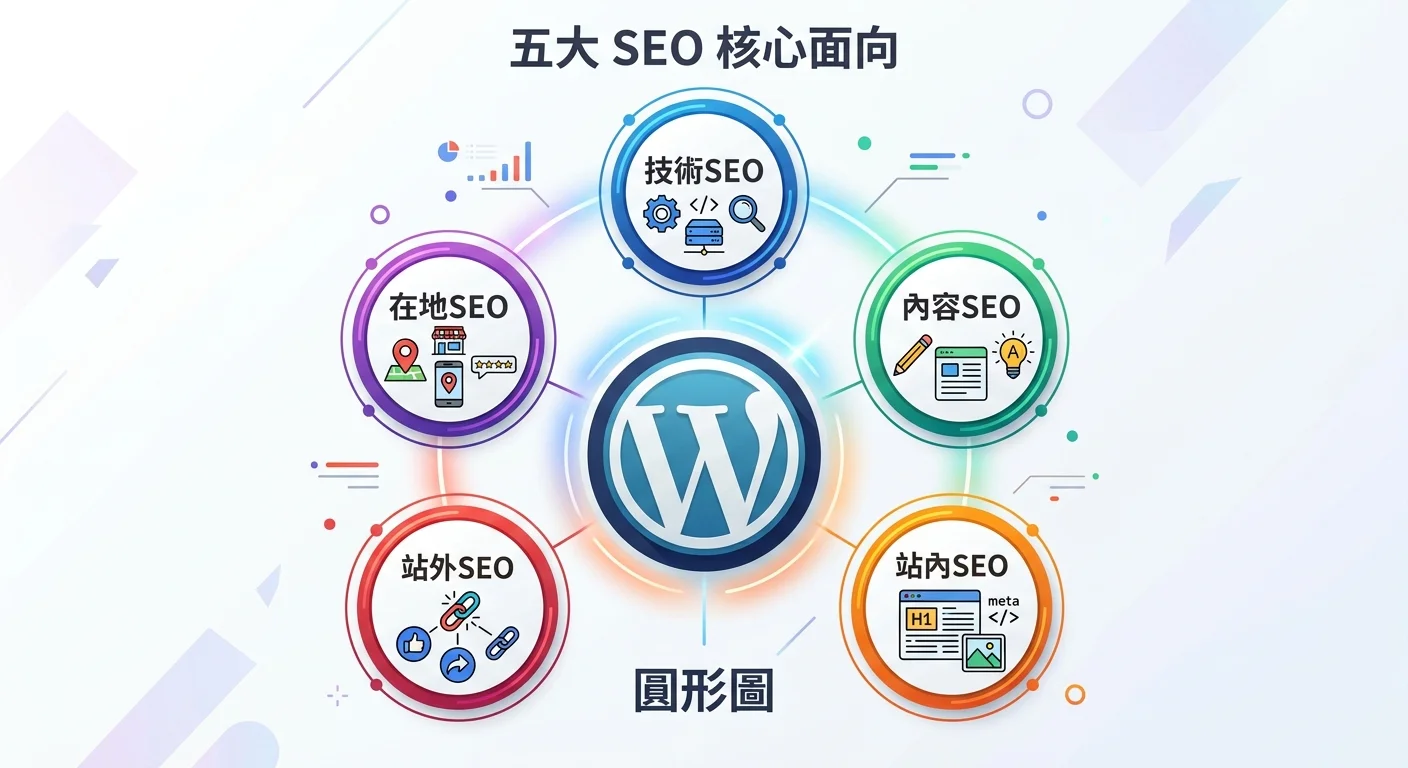 五大 SEO 核心面向的圓形圖，中心是 WordPress Logo，周圍五個圓形分別標示「技術SEO」「內容SEO」「站內SEO」「站外SEO」「在地SEO」，每個圓形內有代表性小圖示