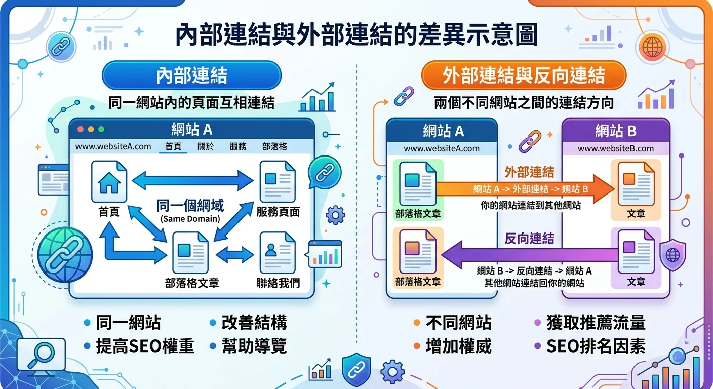 內部連結與外部連結的差異示意圖，左側為內部連結（同一網站內的頁面互相連結），右側為外部連結和反向連結（兩個不同網站之間的連結方向），用箭頭清楚標示方向