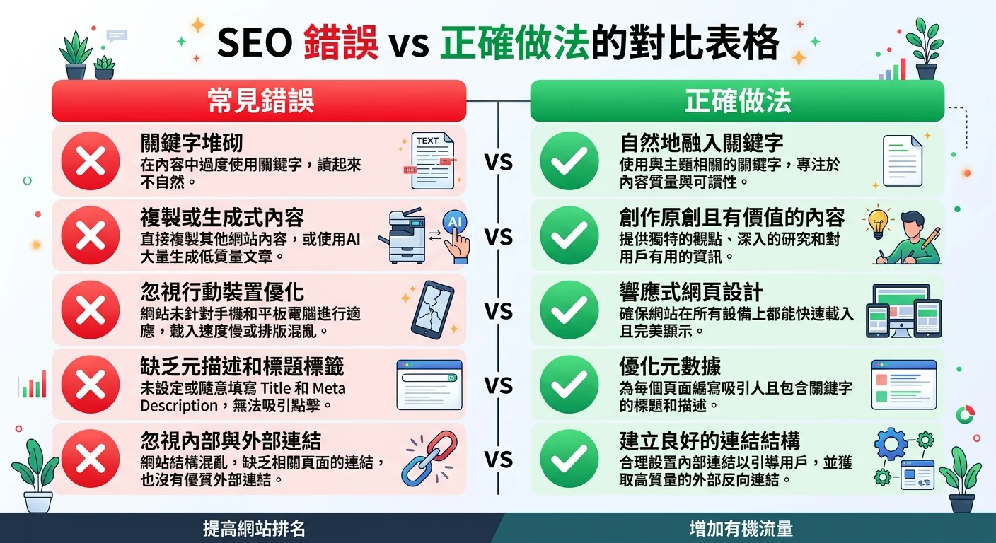 SEO 錯誤 vs 正確做法的對比表格圖，左側紅色區域列出5個常見錯誤（附叉號），右側綠色區域列出對應的正確做法（附勾號），清晰易讀的表格式排版