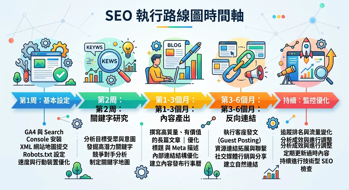SEO 執行路線圖時間軸，從左到右分為「第1周：基本設定」「第2周：關鍵字研究」「第1-3個月：內容產出」「第3-6個月：反向連結」「持續：監控優化」，每個階段有對應的圖示和簡短說明
