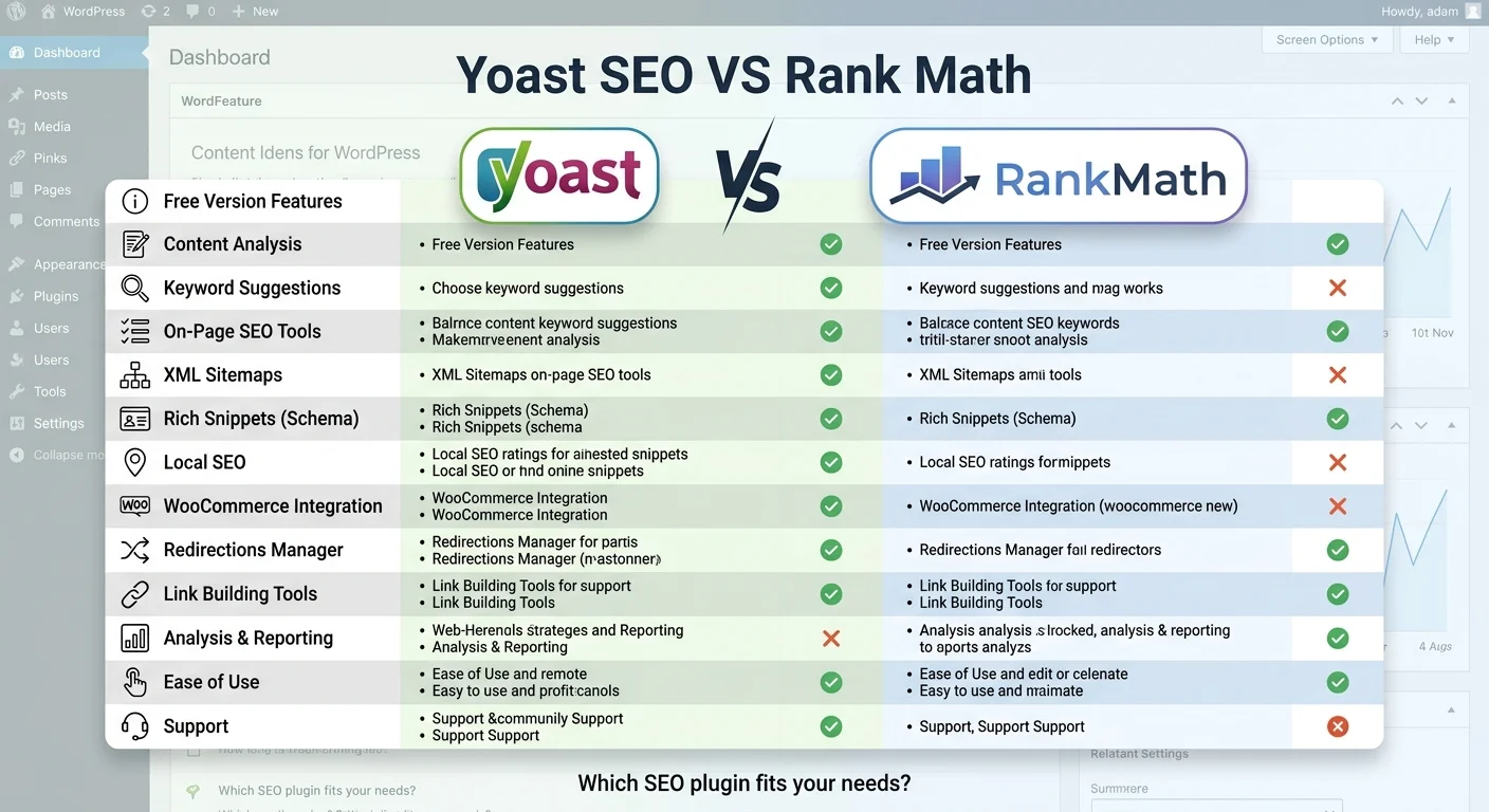 Yoast SEO 和 Rank Math 的 Logo 並排放置，中間以 VS 字樣連接，背景為 WordPress 儀表板風格的淺色界面