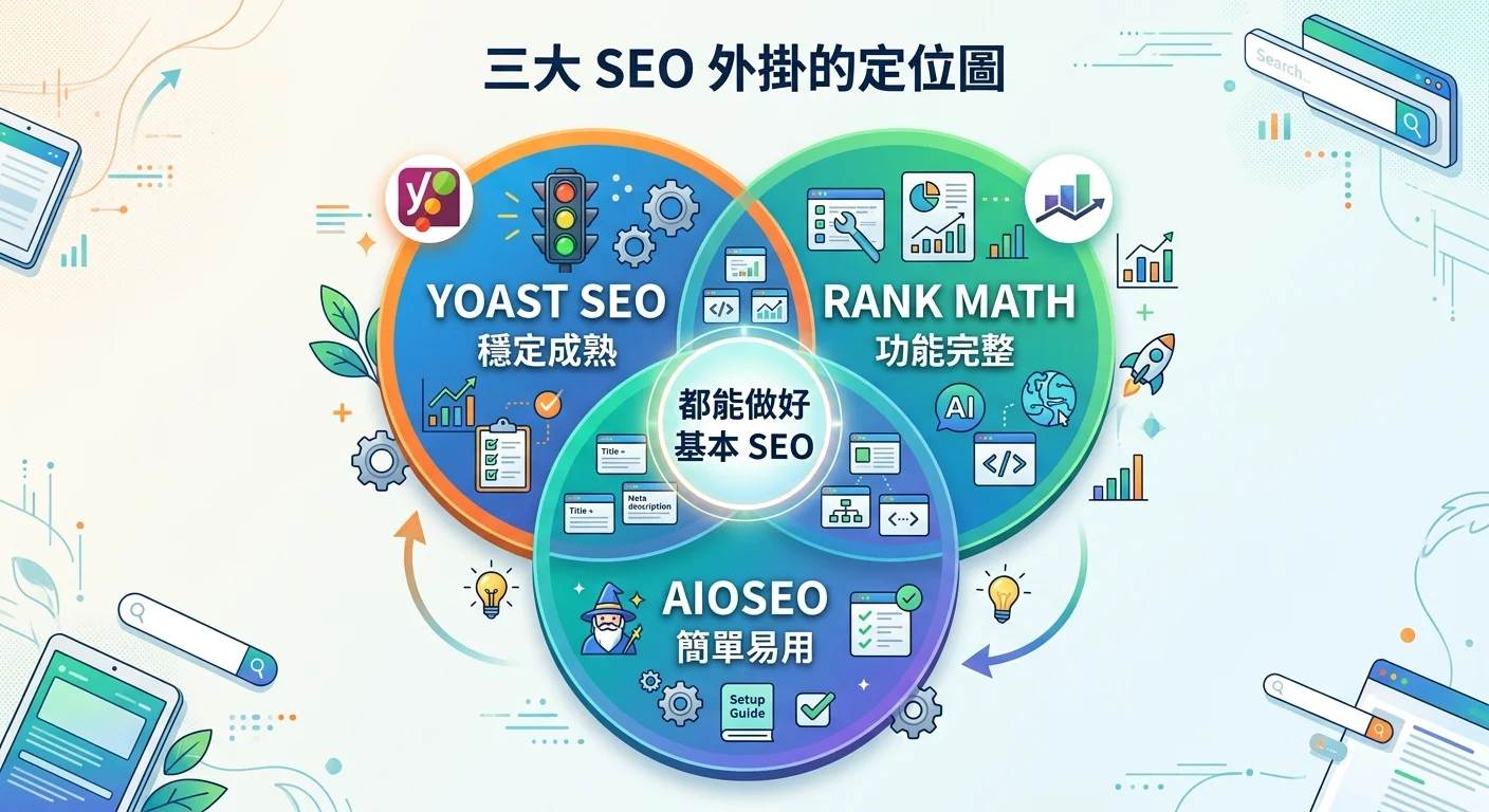 三大 SEO 外掛的定位圖，三個圓形分別標示 Yoast（穩定成熟）、Rank Math（功能完整）、AIOSEO（簡單易用），中間交集區域寫著「都能做好基本 SEO」