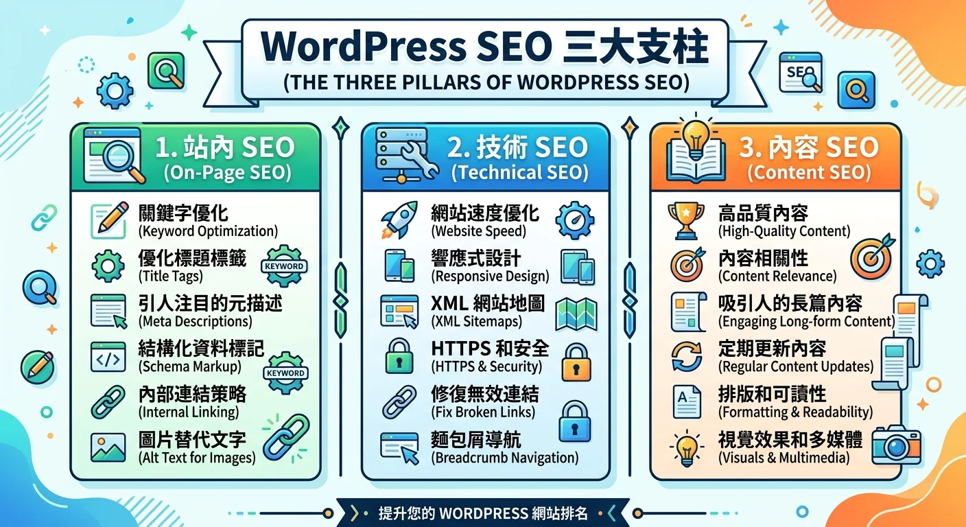 WordPress SEO 三大支柱的資訊圖：站內 SEO、技術 SEO、內容 SEO