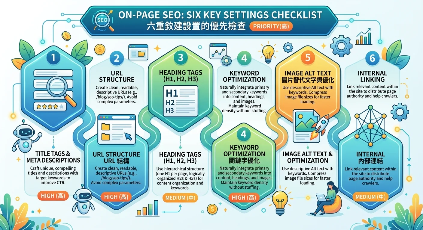 站內 SEO 六個設定的清單，每個設定搭配優先級標示