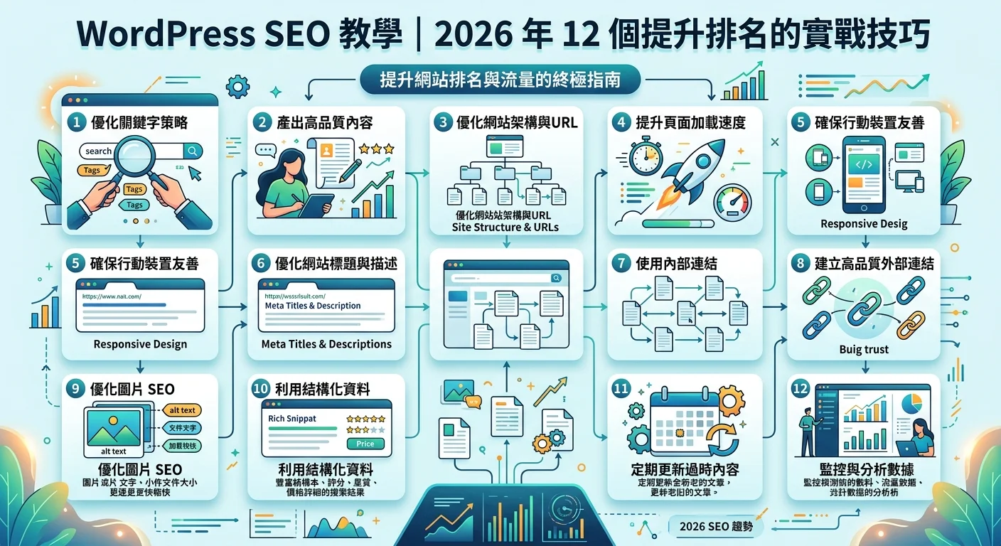 WordPress SEO 教學｜2026 年 12 個提升排名的實戰技巧相關的視覺化資訊圖，展示核心概念與數據對比