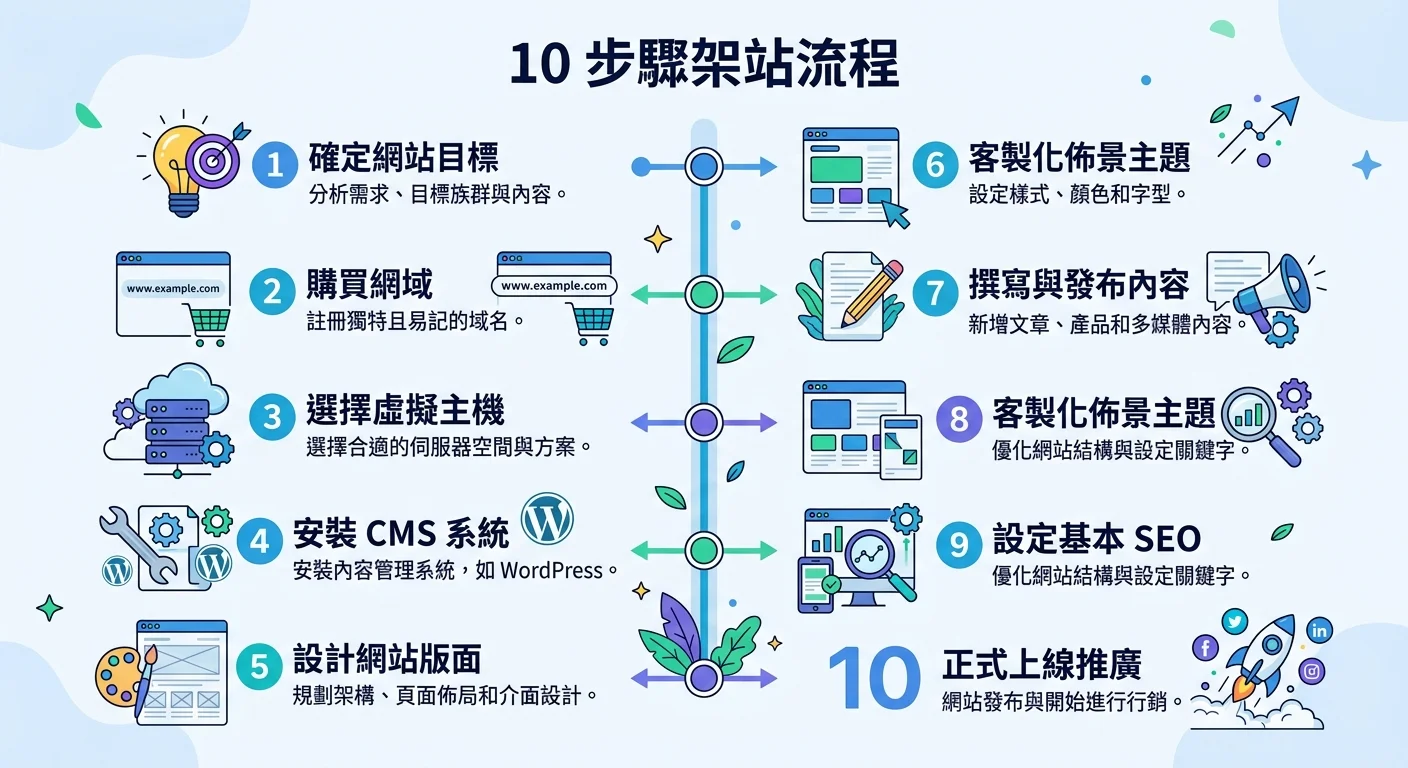 10 步驟架站流程的垂直時間軸，每步搭配數字和簡單圖示