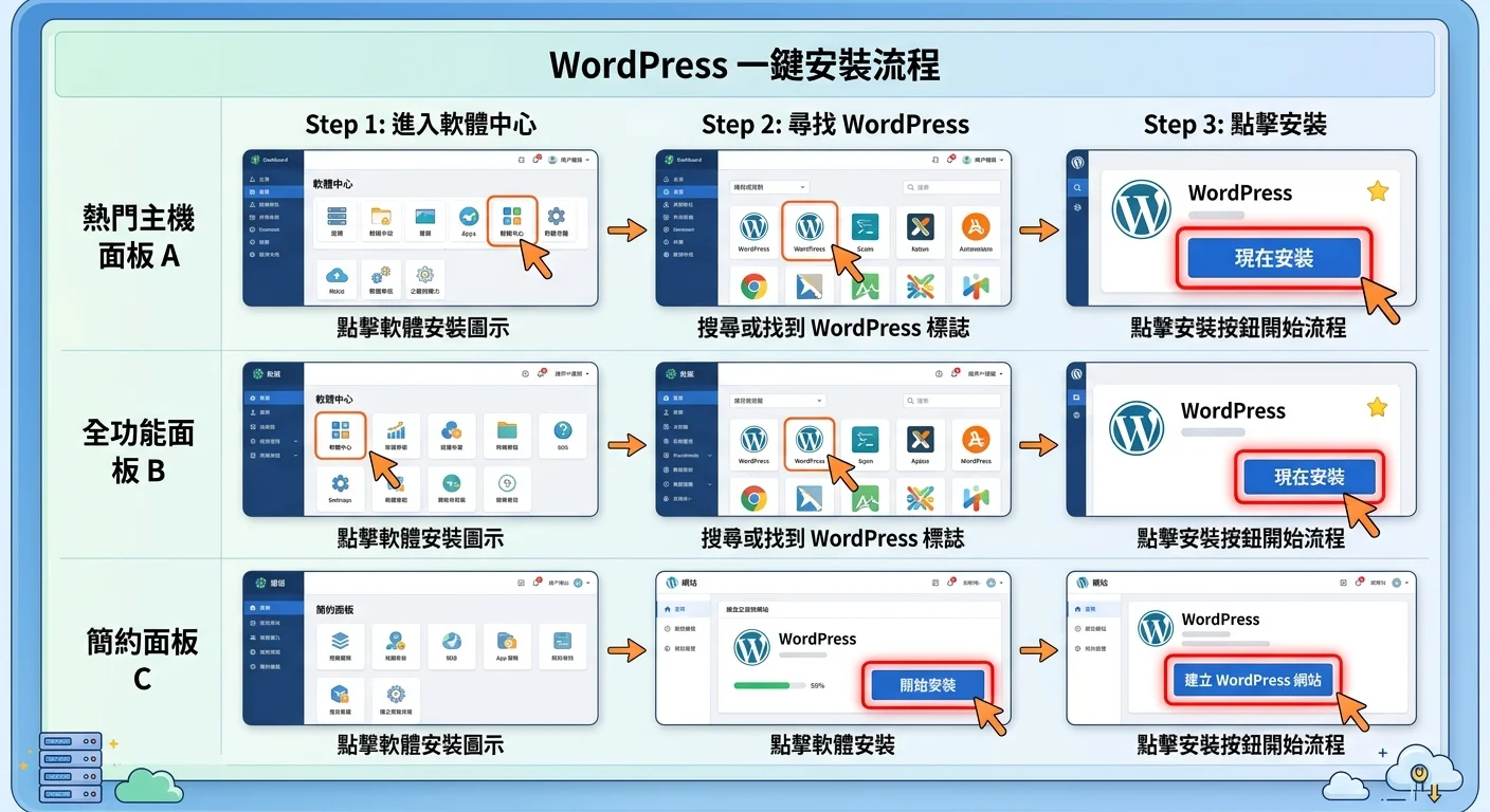 WordPress 一鍵安裝步驟的截圖式圖示，標示主機面板中安裝按鈕的位置