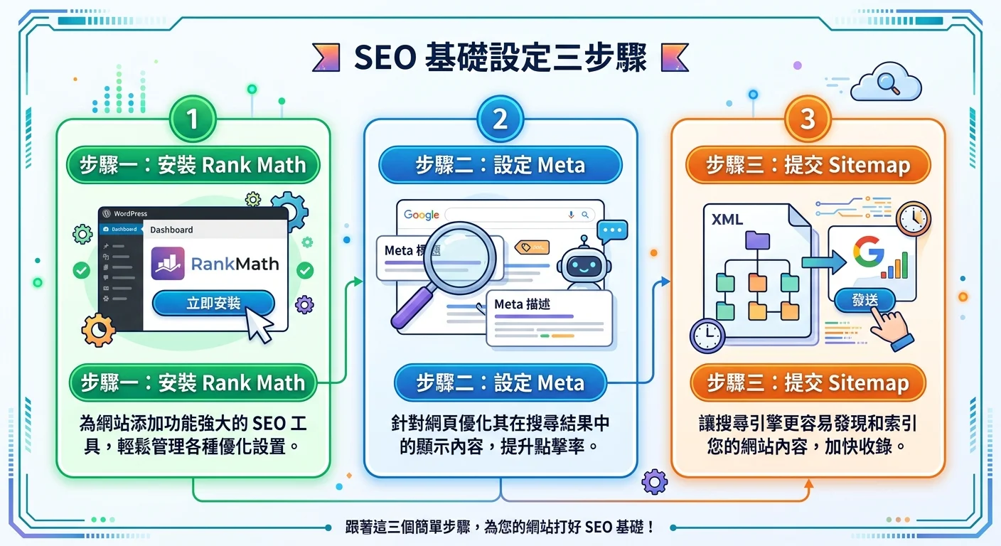 SEO 基礎設定的三步驟圖示：安裝 Rank Math、設定 Meta、提交 Sitemap