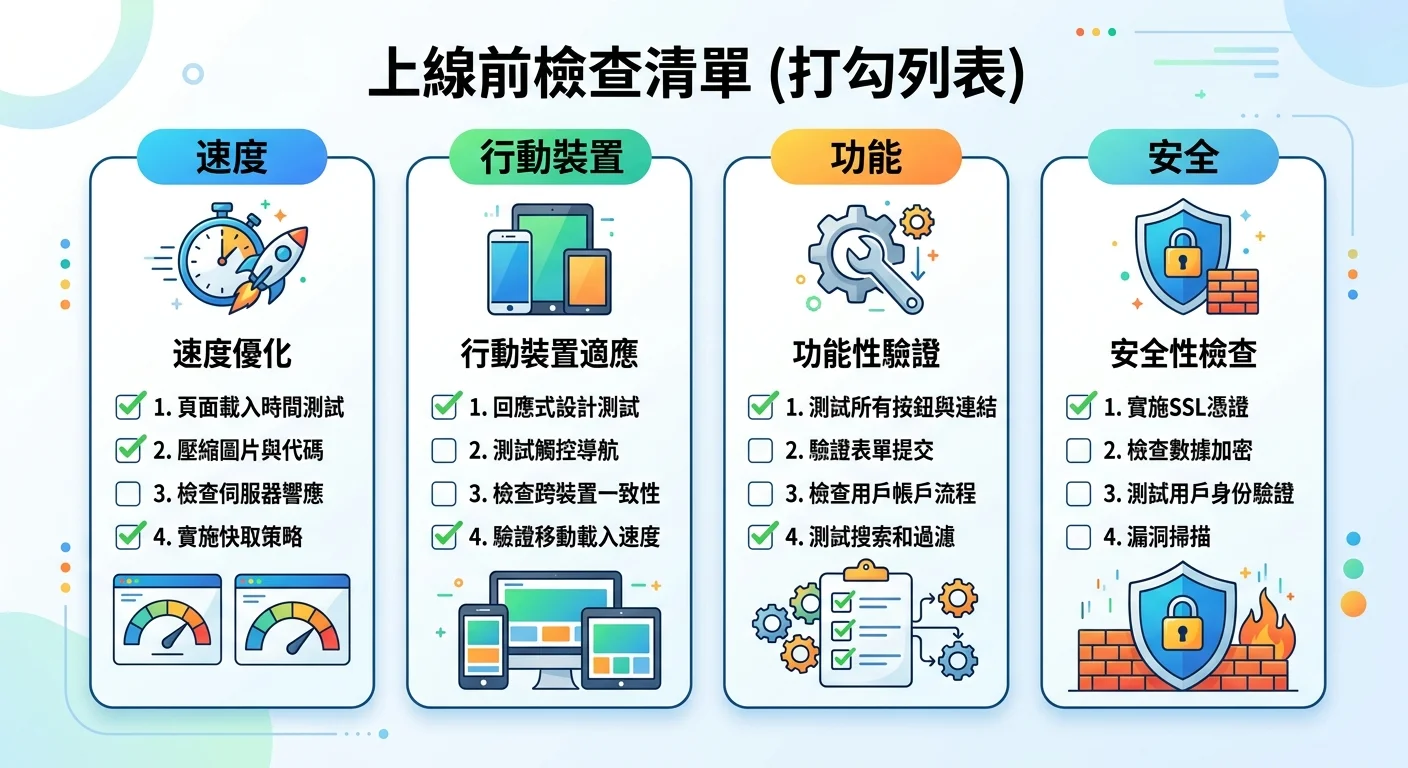 上線前檢查清單的打勾列表，分為速度、行動裝置、功能、安全四大類