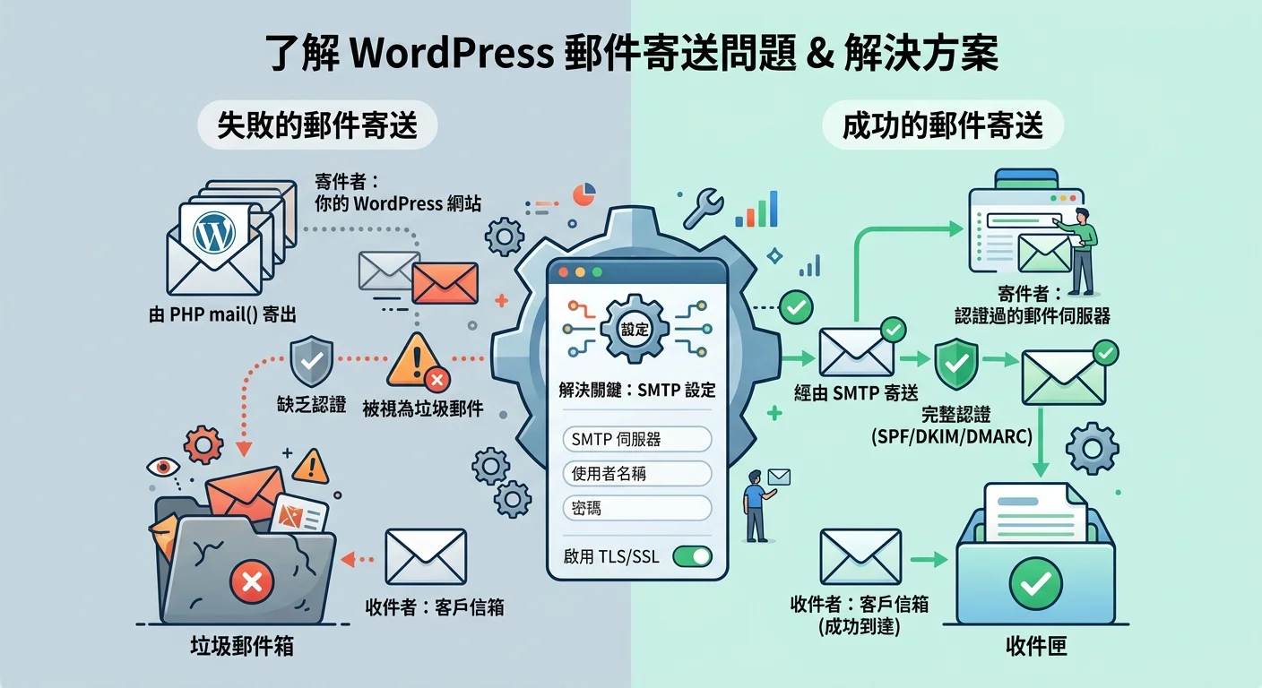 WordPress 郵件寄送問題概念圖，左側為信件進入垃圾信箱的畫面，右側為信件正常到達收件匣的畫面，中間為 SMTP 設定的轉折點