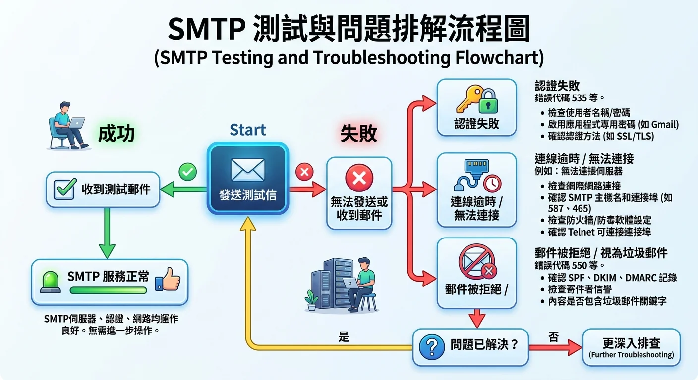 SMTP 測試與問題排解流程圖，從發送測試信開始，分支到成功和失敗兩條路徑，失敗路徑列出常見問題和解法