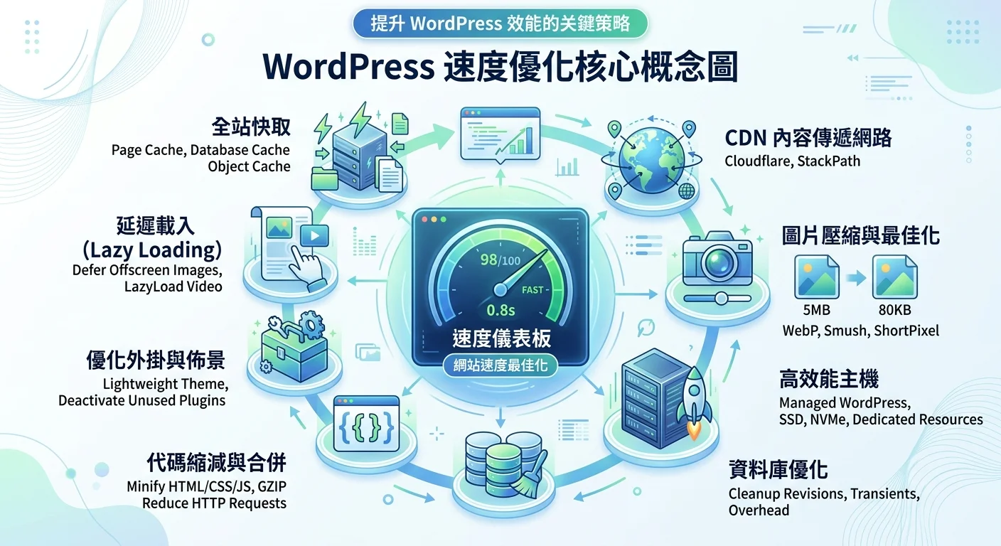 WordPress 速度優化核心概念圖，中央為速度儀表板，周圍環繞 8 大優化策略圖示（快取、CDN、圖片壓縮、主機等），配色使用藍色和綠色