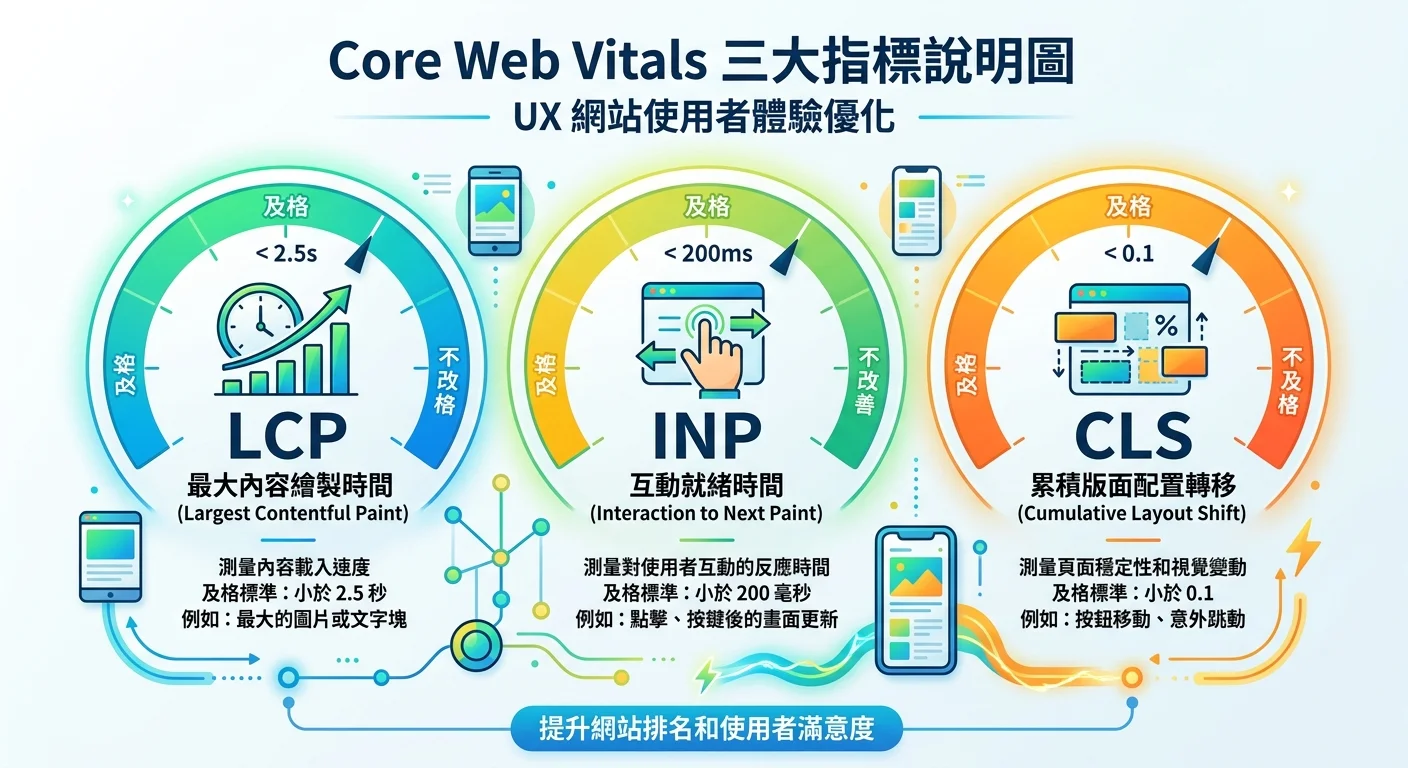 Core Web Vitals 三大指標說明圖，以三個圓形儀表板分別展示 LCP、INP、CLS 的及格標準和測量方式