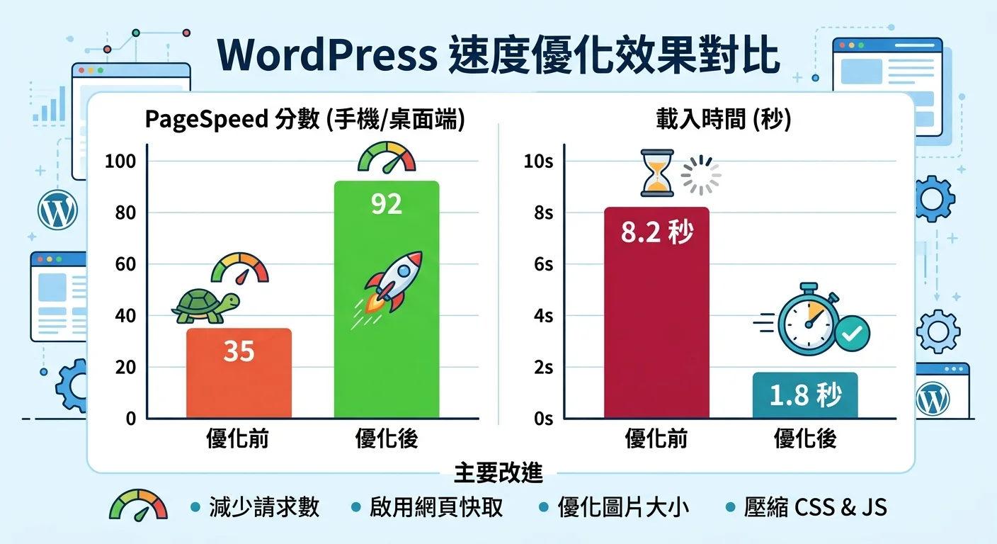 WordPress 速度優化效果對比圖，展示優化前後的 PageSpeed 分數變化（35→92）和載入時間變化（8.2秒→1.8秒），使用對比長條圖